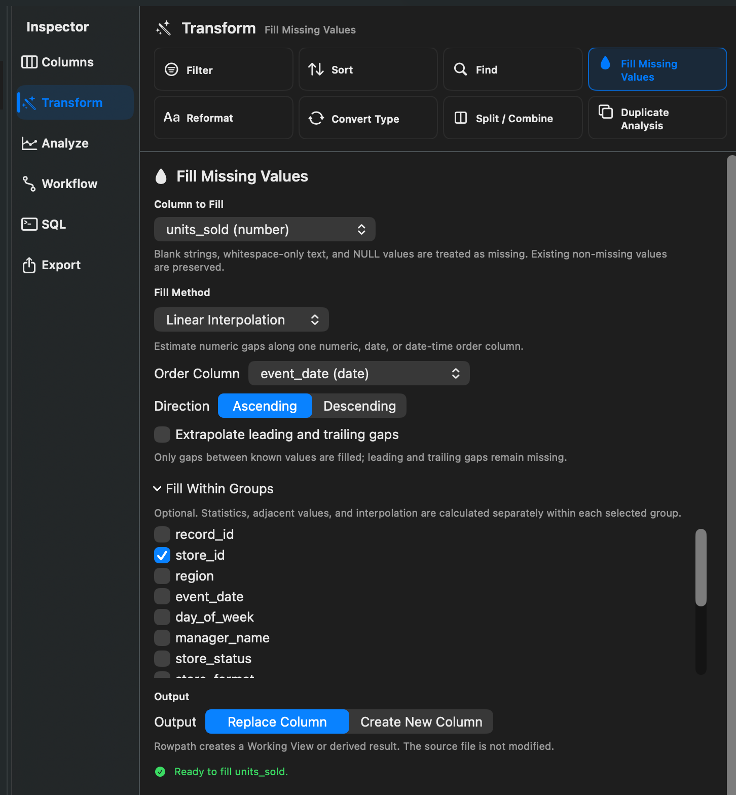 Rowpath Fill Missing Values inspector showing fill method, grouping, output, preview, and action options.