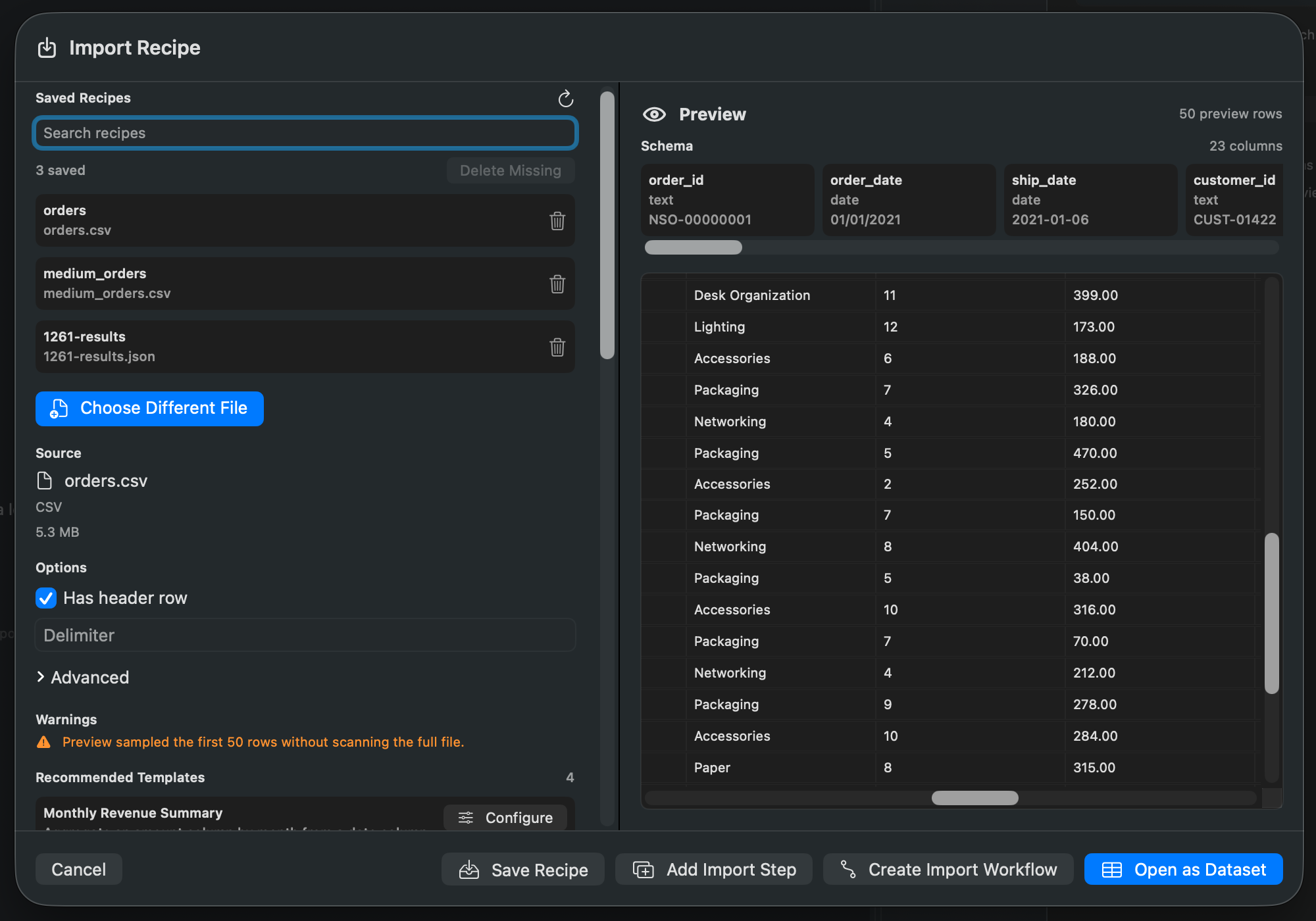 Rowpath Import Sheet screenshot.