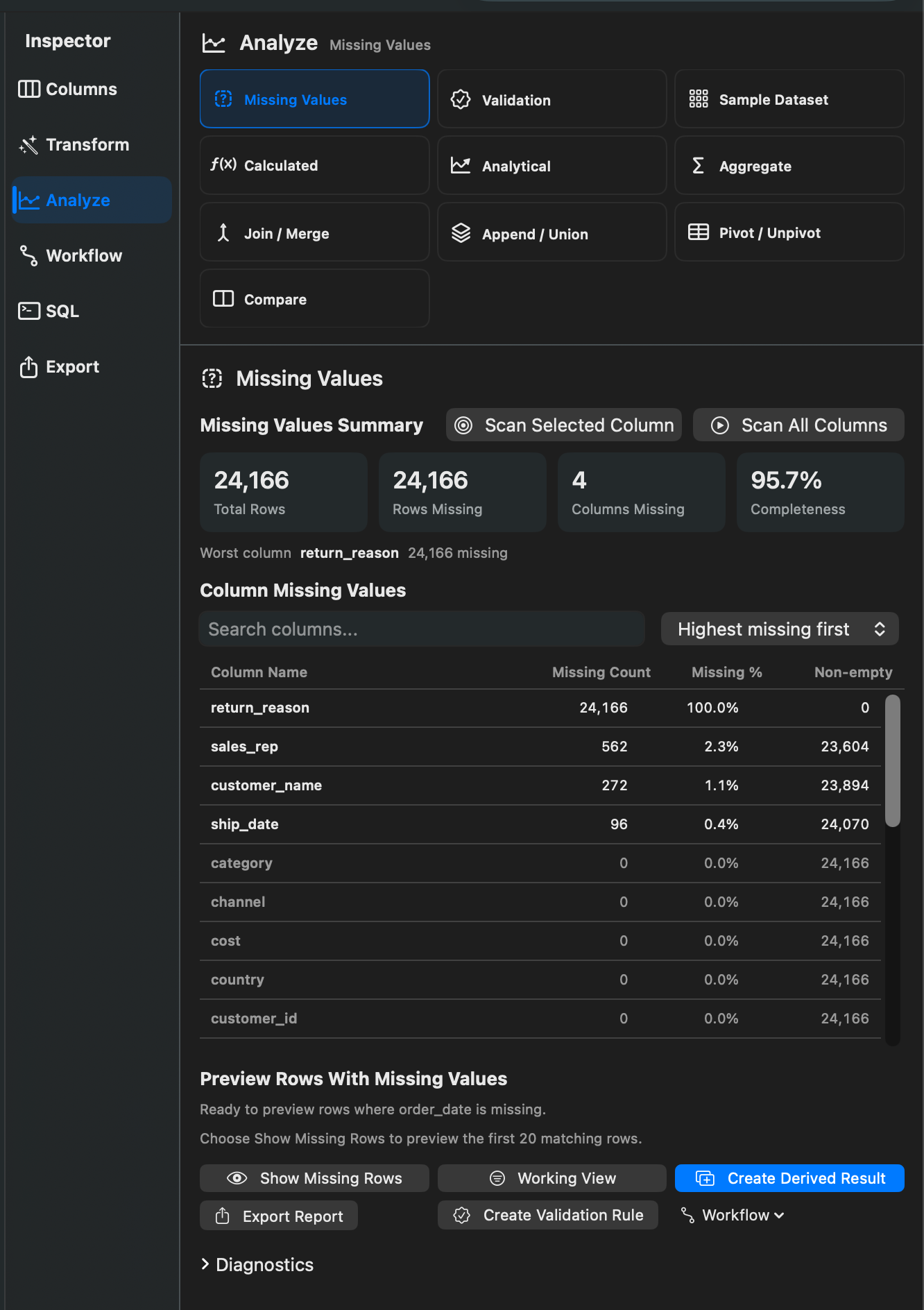 Rowpath Missing Values screenshot.