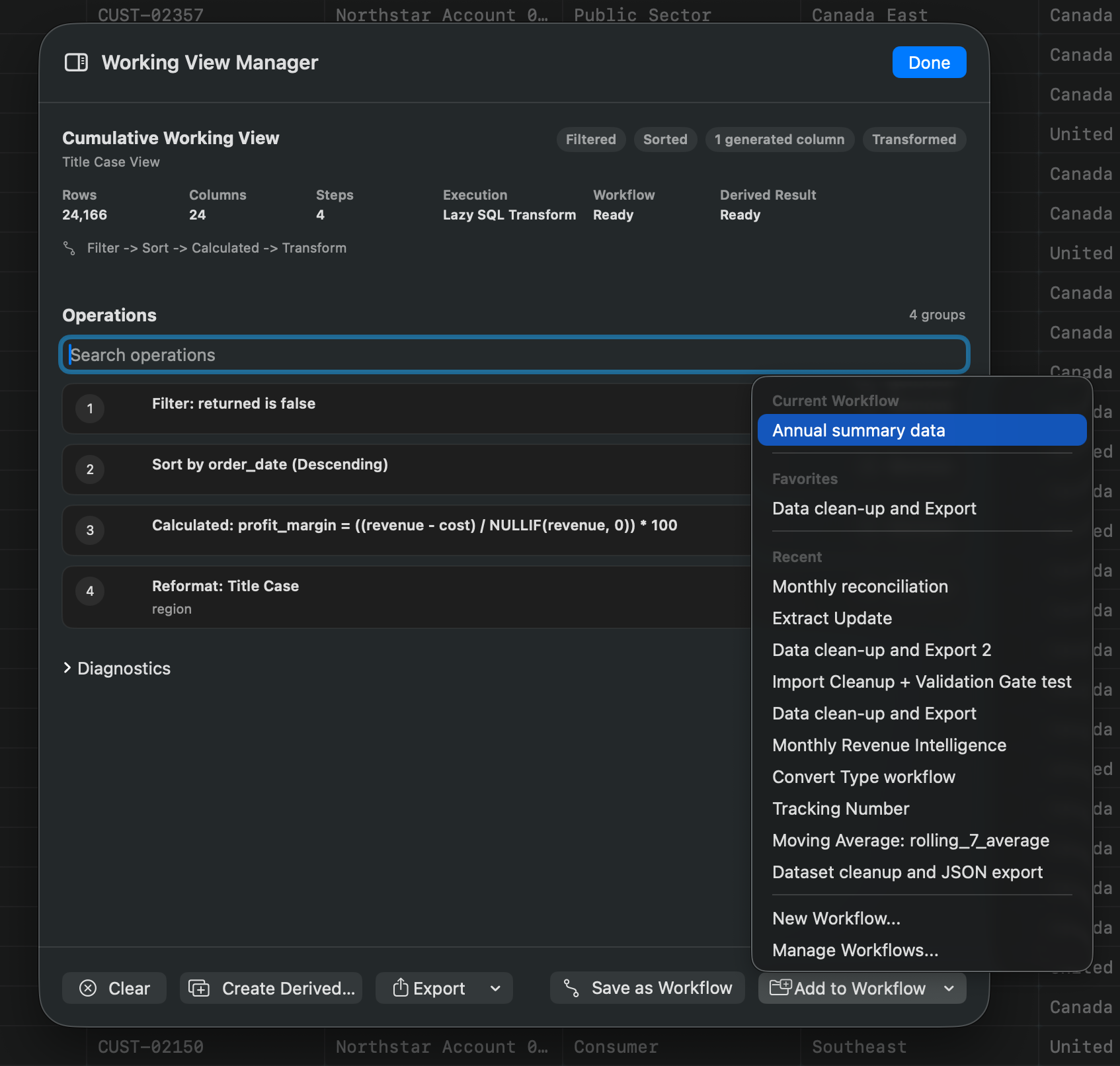 Rowpath Save Working View As Workflow screenshot.