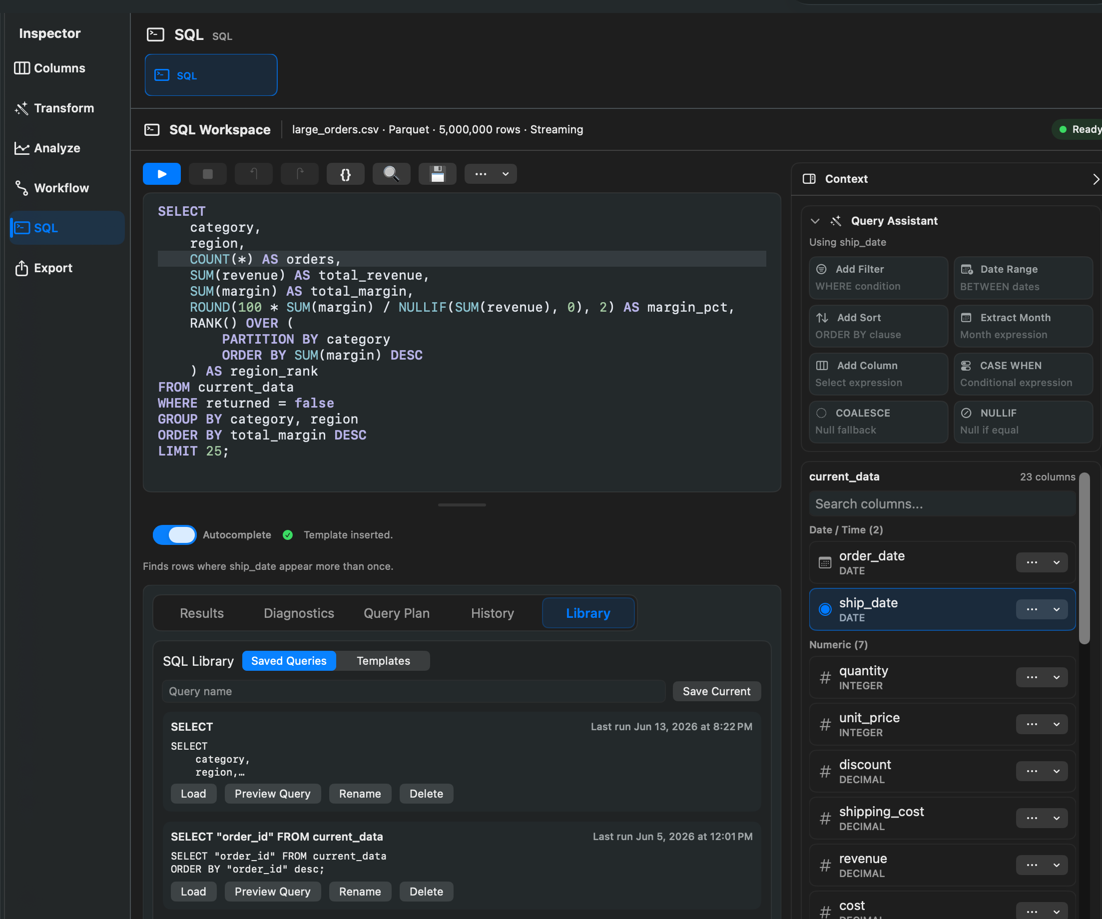Rowpath Saved Queries / History screenshot.