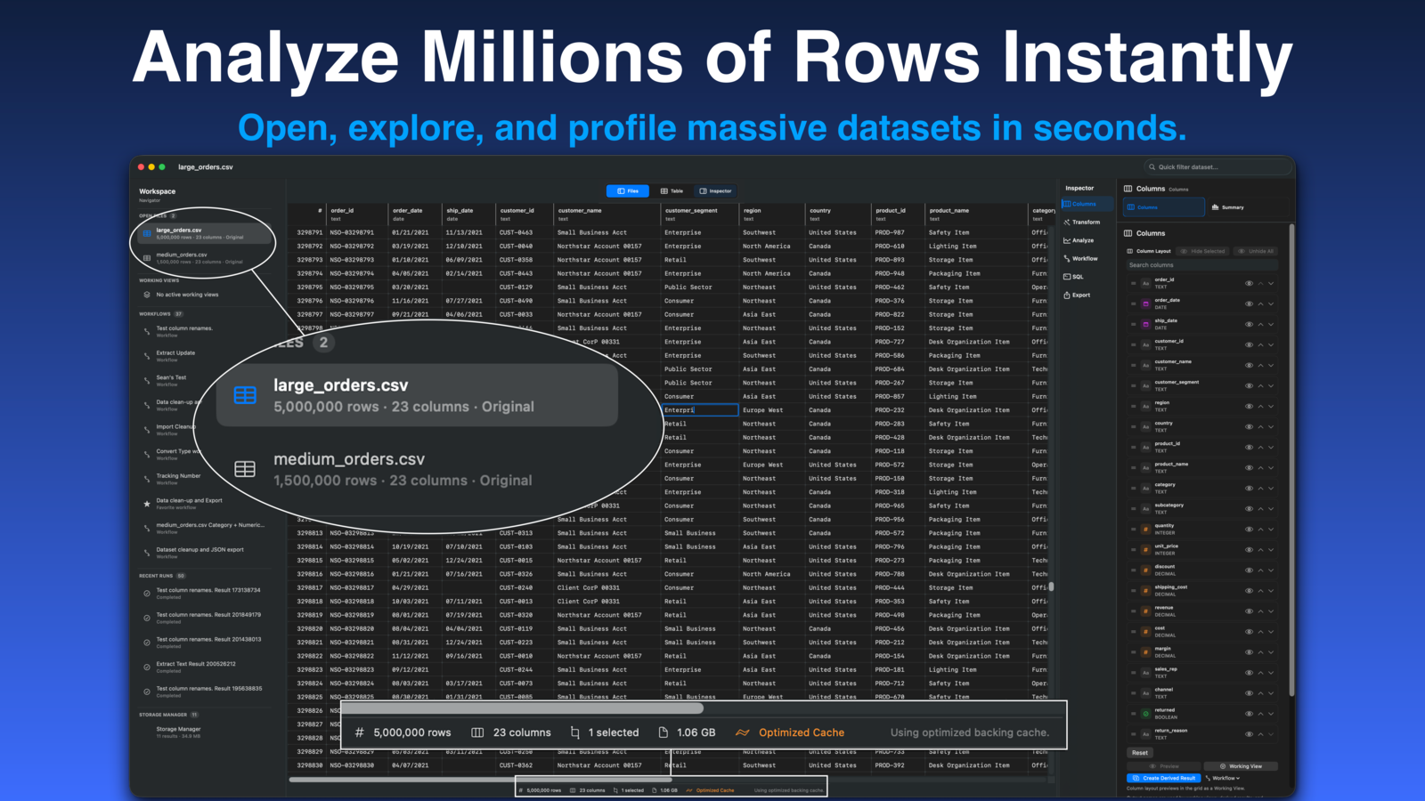 Rowpath screenshot showing a massive structured data table with column profiling and inspector panels.