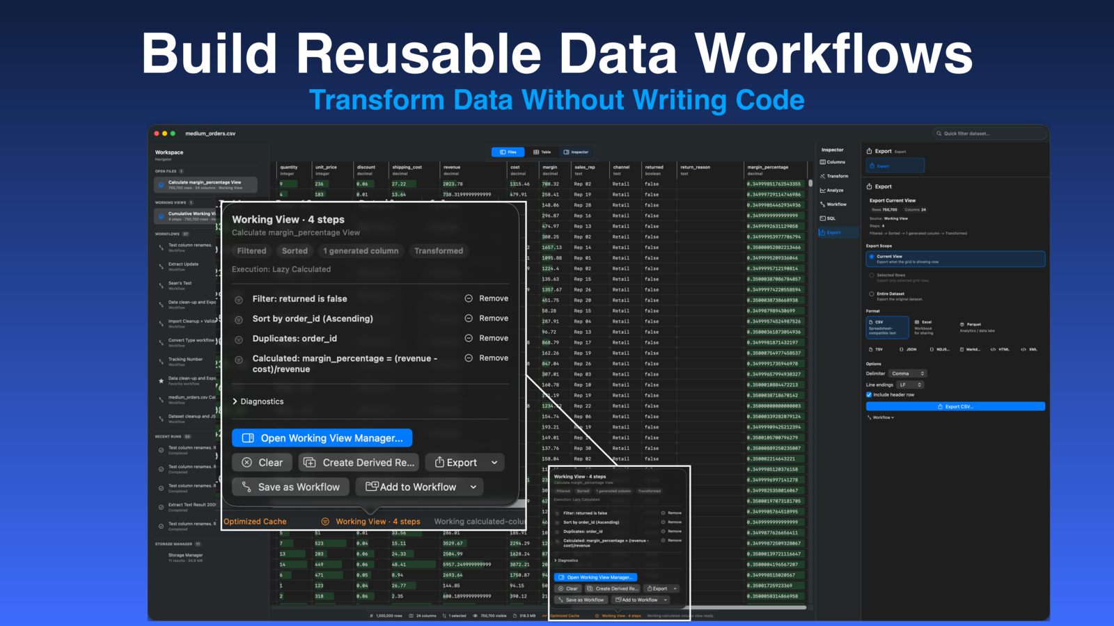 Rowpath screenshot showing a workflow builder for repeatable data cleanup steps.