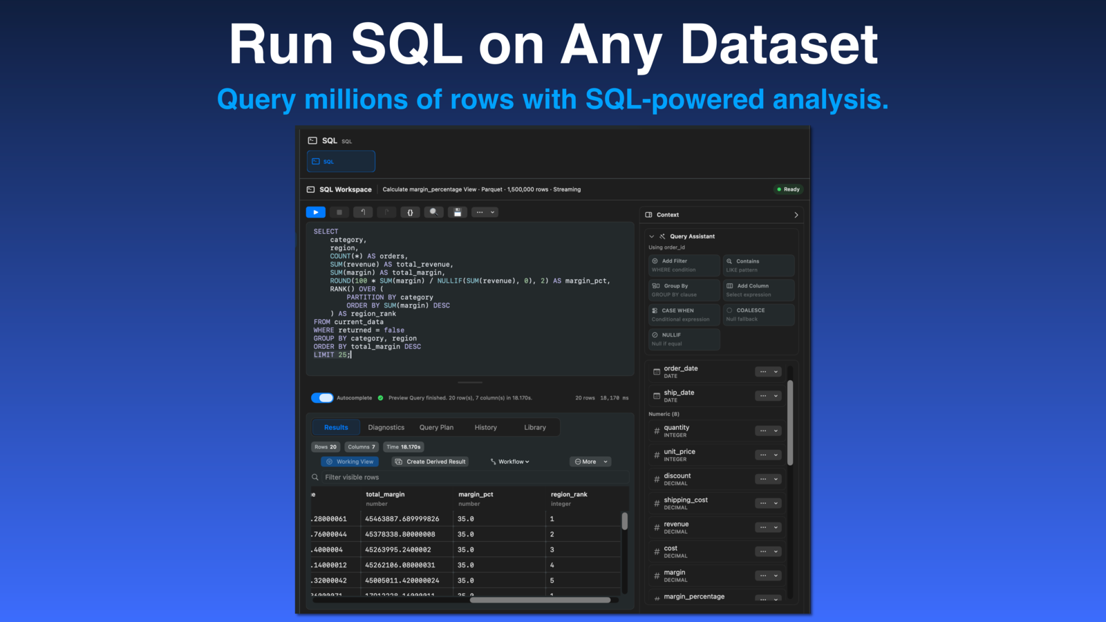 Rowpath screenshot showing a SQL editor and local query results for a dataset.