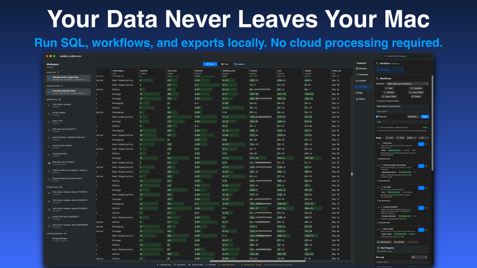 Rowpath screenshot highlighting local-first processing and privacy on Mac.