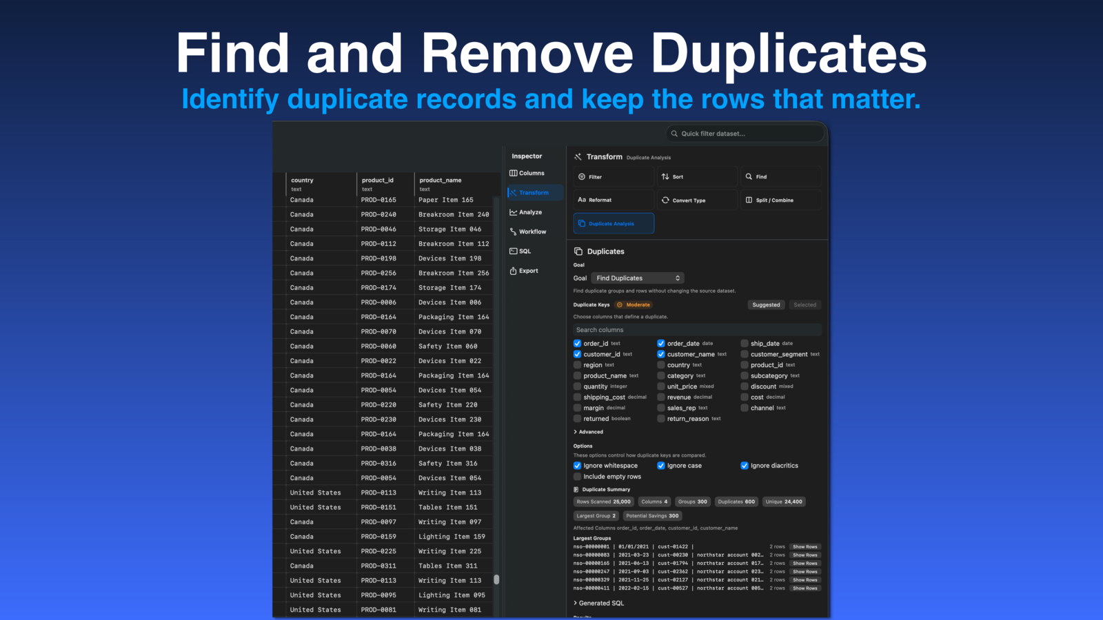 Rowpath screenshot showing duplicate detection and cleanup controls.