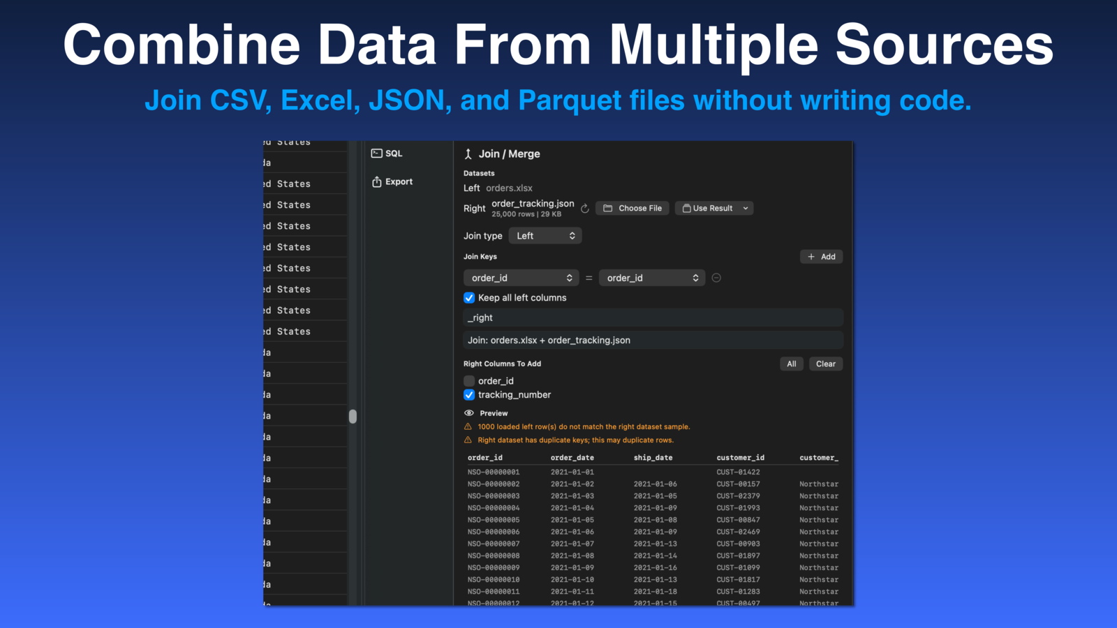 Rowpath screenshot showing combined data from multiple structured sources.