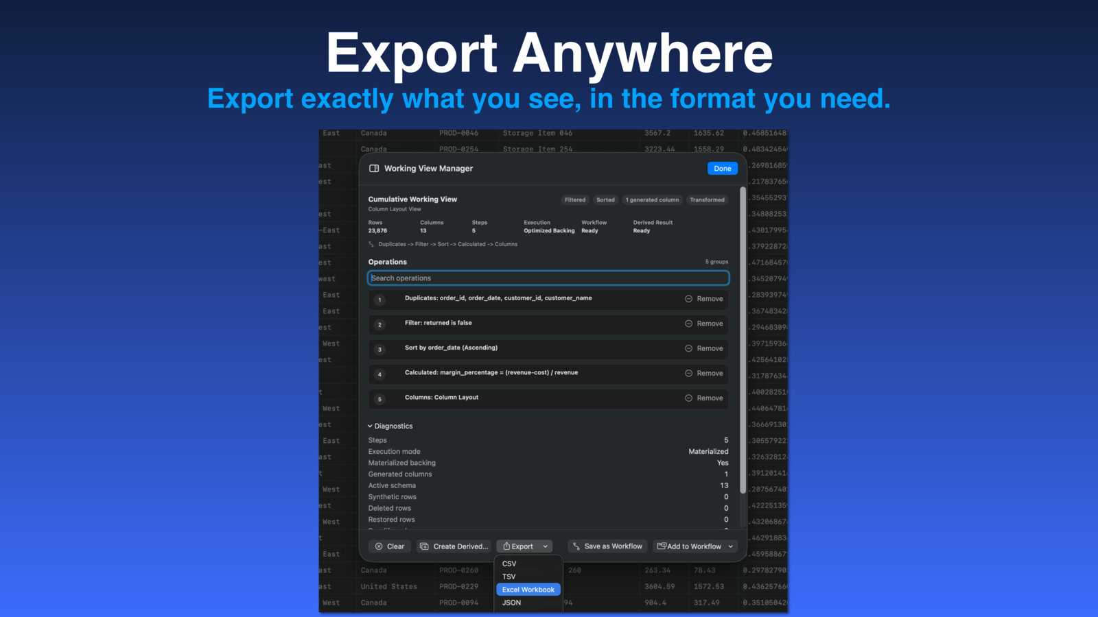 Rowpath screenshot showing export options for clean results.